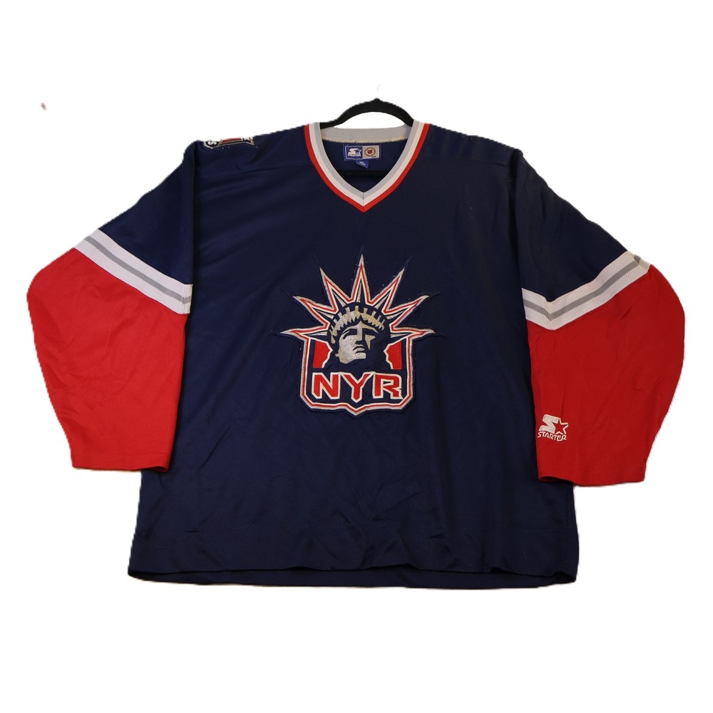 Starter Mens XL New York Rangers Jersey Navy Blue Lady Liberty Vintage NHL 90s
